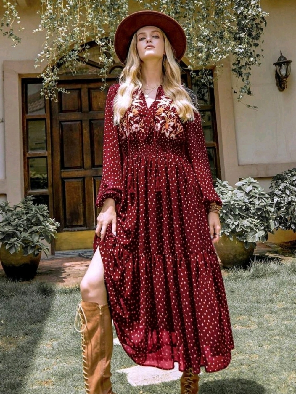 Women's Burgundy Long Sleeve Boho Maxi Dress - Picture 8 of 14